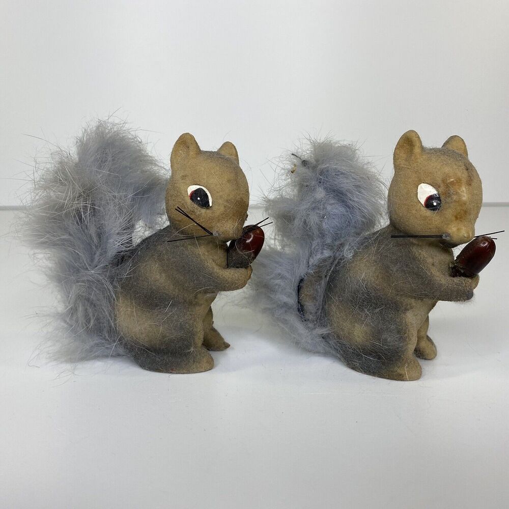 2‎ Vintage Flocked Squirrel Figurines Japan Fluffy Real Fur Tail